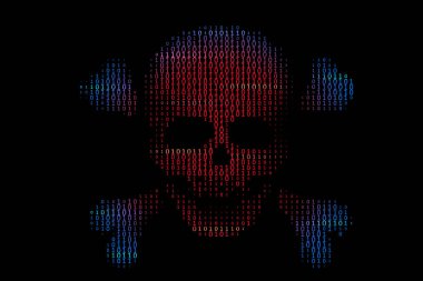 Siyah arka plan üzerine ikili kod yayınında kemikleri olan kurukafa. Hacker saldırısı kavramı, siber korsanlık. vektör illüstrasyonu