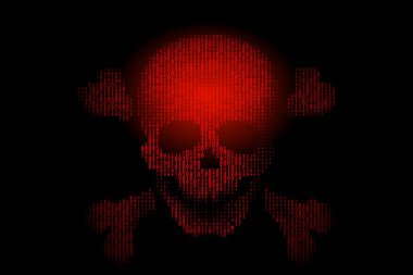 Siyah arka plan üzerine ikili kod yayınında kemikleri olan kurukafa. Hacker saldırısı kavramı, siber korsanlık. vektör illüstrasyonu
