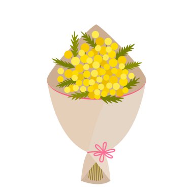 Beyaz arka planda yaprakları olan sarı mimoza dalı. vektör illüstrasyonu.