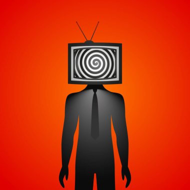 Kafası yerine televizyonu olan bir adam. Medyanın ve medyanın bir kişinin dünya görüşü üzerindeki etkisi. vektör illüstrasyonu