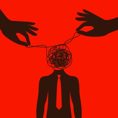 Manipülatör insanın kafasındaki düşünceleri karıştırır. Baskınlık, diktatörlük ve psikoloji kavramını. vektör illüstrasyonu