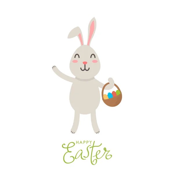 Paskalya Tavşanlı Mutlu Paskalyalar Renkli Yumurtalarla Dolu Sepet Yazılı Tebrik — Stok Vektör