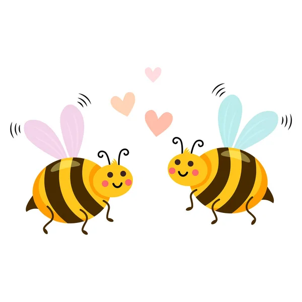 Két Aranyos Méhecske Szívvel Valentin Napra Fehér Háttérrel Rajzfilm Vektor — Stock Vector