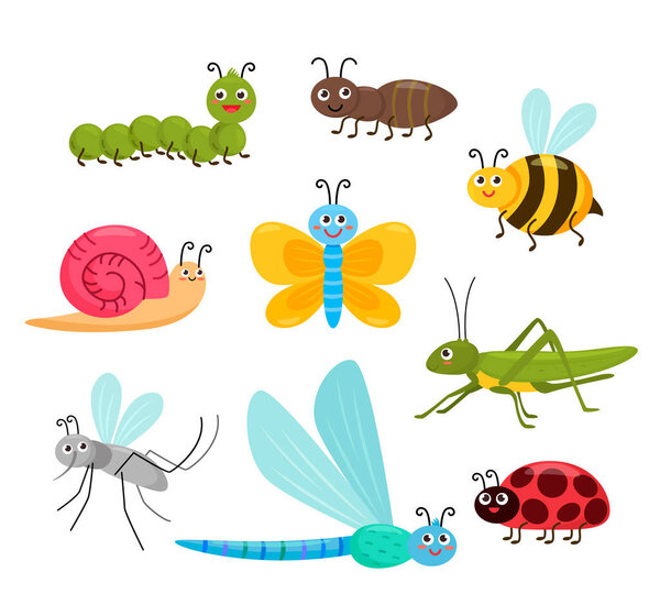 set of funny cartoon insects. funny butterfly, bee, ladybug and other garden animals. vector illustration isolated on white background