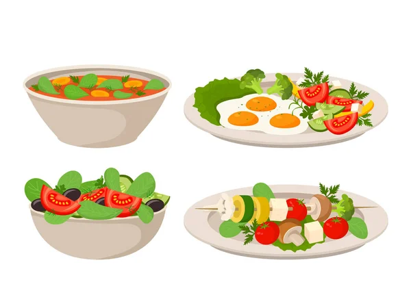 Conjunto Pratos Vegan Salada Legumes Sopa Tomate Legumes Grelhados Com —  Vetores de Stock