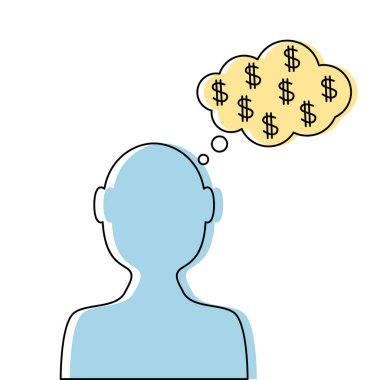 Para hakkında düşünceleri olan bir adamın kafası. Dolar kazanma konsepti. Beyaz arkaplanda izole edilmiş vektör illüstrasyonu