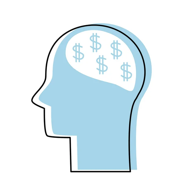 Para Hakkında Düşünceleri Olan Bir Adamın Kafası Dolar Kazanma Konsepti — Stok Vektör