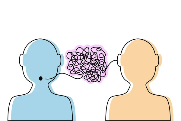 Kafasında karmaşık düşünceler olan iki kafa saçma sapan konuşup duruyor. Yanlış anlaşılma ve dedikodu. İletişim psikolojisi. vektör çizimi izole edildi