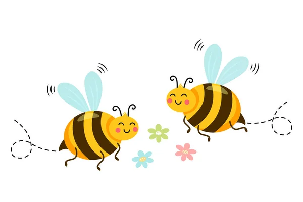 Cute Funny Two Bees Bouquet Flowers White Background Cartoon Vector — Stock Vector