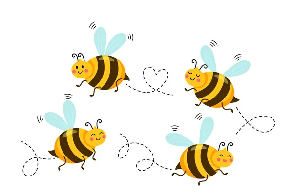 Милые Смешные Пчелы Летают Улыбаются Детские Векторные Иллюстрации Белом Фоне — стоковый вектор