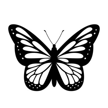 Kanatlarında çizimler olan güzel bir kelebeğin silueti. Siyah vektör çizimi beyaz arkaplanda izole edildi