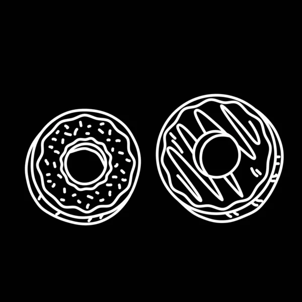 Набір Двох Пончиків Лінійному Стилі Векторна Ілюстрація Ізольована Чорному Фоні — стоковий вектор