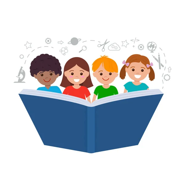 Cute Children Reading Book Smiles Concept Education Learning School Kindergarten — Stock vektor
