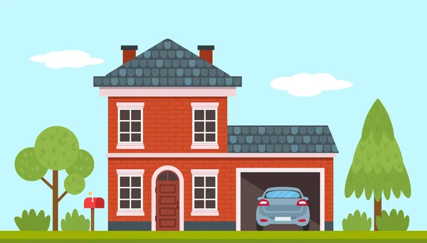 Home Sweet Home Flat Vector Illustration Two Story House Garage — 图库矢量图片
