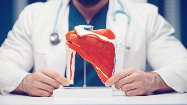 Médico Burla Los Músculos Del Pecho Los Hombros Concepto Salud —  Fotos de Stock