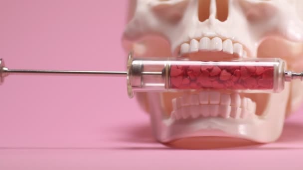 Syringe Skull Pink Background Pharmacy Medicine Health Care Concept — 图库视频影像