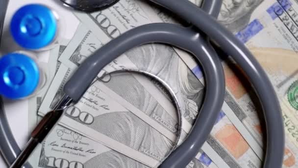 Stetoskop Banknotach Dolarowych Koncepcja Medycyny Finansów — Wideo stockowe