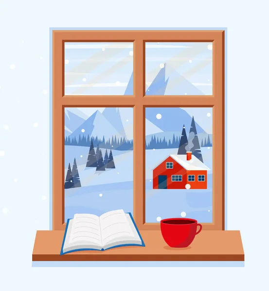 Finestra Con Paesaggio Invernale Natale Bella Cartolina — Vettoriale Stock