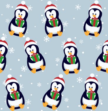 Penguenler kusursuz desen. Kışın giysili ve şapkalı şirin penguenler, Noel kutup hayvanı, çocuklar tekstil ya da duvar kağıdı vektör dokusu. 10 saniye.
