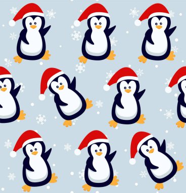 Penguenler kusursuz desen. Kışın giysili ve şapkalı şirin penguenler, Noel kutup hayvanı, çocuklar tekstil ya da duvar kağıdı vektör dokusu. 10 saniye.
