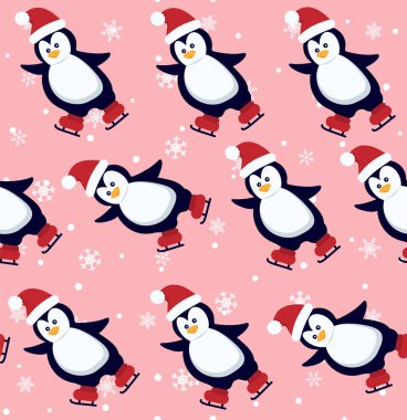 Penguenler kusursuz desen. Kışın giysili ve şapkalı şirin penguenler, Noel kutup hayvanı, çocuklar tekstil ya da duvar kağıdı vektör dokusu. 10 saniye.
