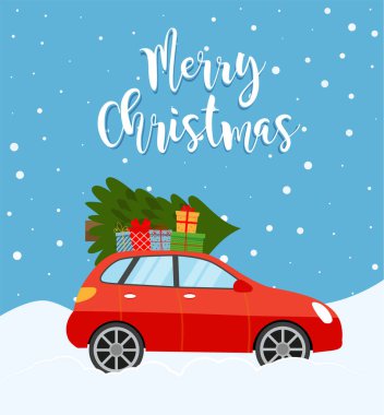 Noel kartı ya da içinde yılbaşı ağacı olan eski kırmızı bir pikap tasarımı. Yeni yıl partisi, davet ya da broşür. Vintage stil vektör çizimi. Eps 10