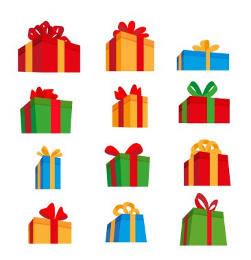 Bir sürü Noel hediyesi. Beyaz arka planda, düz stil. 10 saniye.