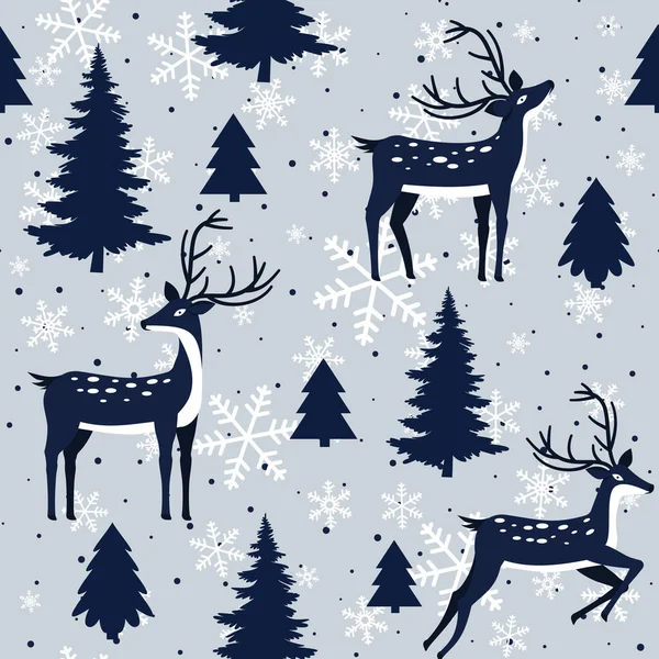Textura Sem Costura Natal Com Veados Abetos Flocos Neve Para —  Vetores de Stock