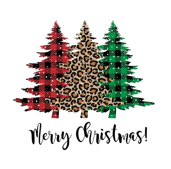 バッファロープレイとヒョウ柄のパターンで祭りのクリスマスツリーカード Eps — ストックベクタ