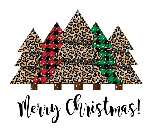 バッファロープレイとヒョウ柄のパターンで祭りのクリスマスツリーカード Eps — ストックベクタ