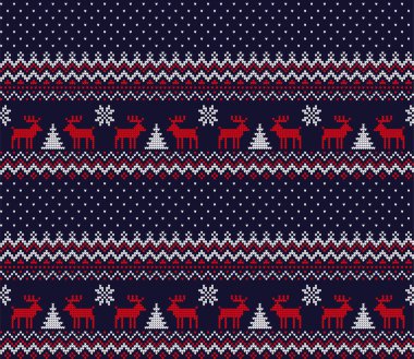 Buffalo Ekoseli 'nde Noel ve Yeni Yıl şablonu örülmüş. Yün örgü süveter tasarımı. Duvar kağıdı ambalaj kağıdı tekstil baskısı.