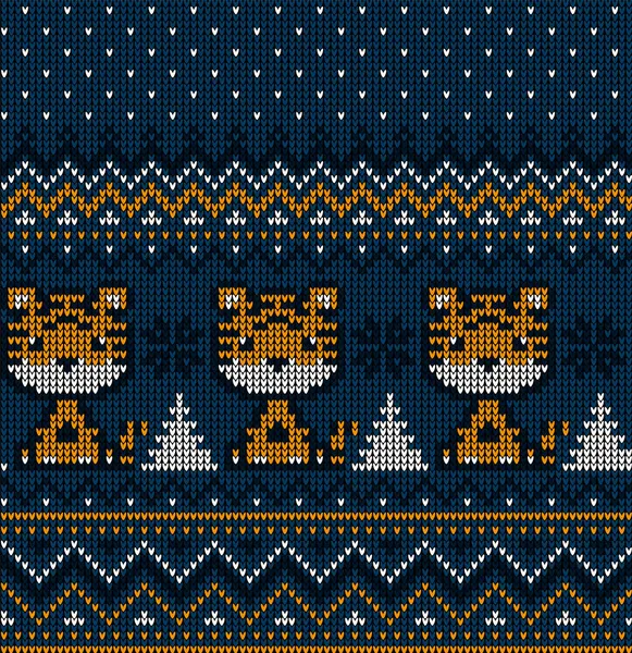 Gestricktes Muster Für Weihnachten Und Neujahr Tiger Strickpullover Design Aus — Stockvektor