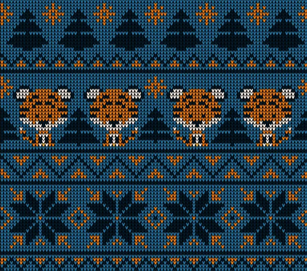 Patrón Punto Navidad Año Nuevo Tigre Diseño Suéter Punto Lana — Vector de stock