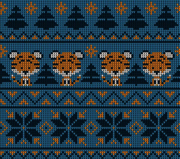 Gestricktes Muster Für Weihnachten Und Neujahr Tiger Strickpullover Design Aus — Stockvektor