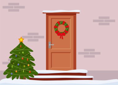 Noel kartı, afiş. Noel için pencere ve kapı dekore edilmiş. Sıcaklık, rahatlık. Vektör grafikleri. EPS 10