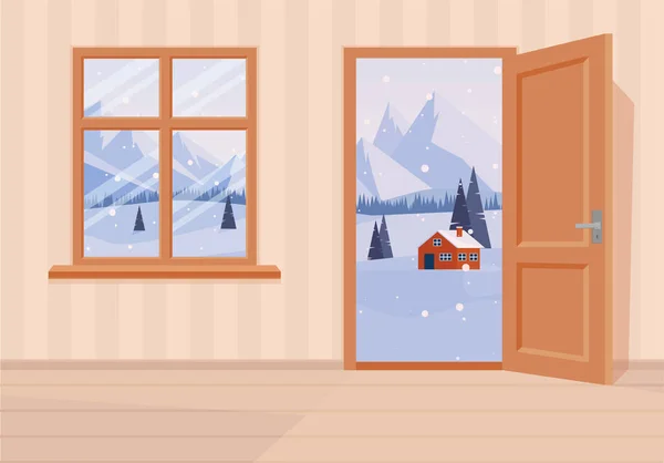 Finestra Porte Sul Paesaggio Invernale Illustrazione Vettoriale Stile Cartone Animato — Vettoriale Stock