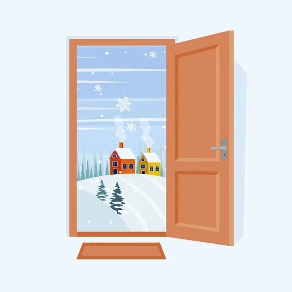 Porta Paesaggio Invernale Illustrazione Vettoriale Stile Cartone Animato Piatto Eps — Vettoriale Stock