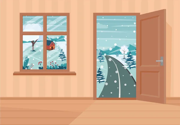 Fenster Und Türen Die Winterlandschaft Flache Vektorillustration Cartoon Stil Eps — Stockvektor