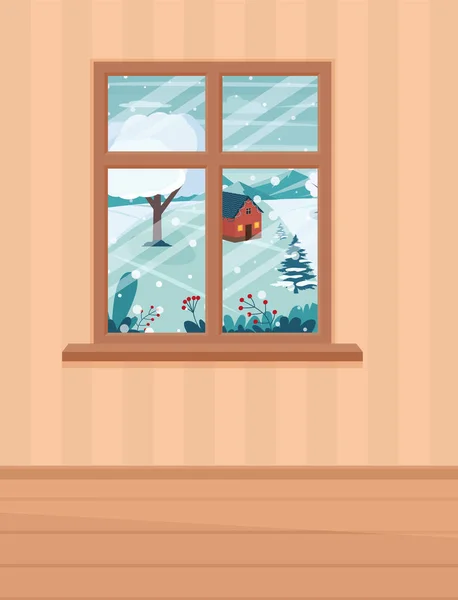 Ins Fenster Der Winterlandschaft Flache Vektorillustration Cartoon Stil Eps — Stockvektor