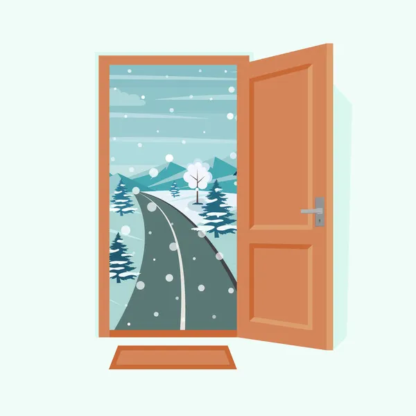 Puerta Paisaje Invernal Ilustración Vectores Dibujos Animados Planos Eps — Vector de stock