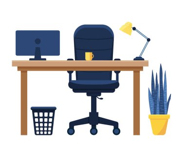 Ofisteki işyerinde. Masası ve bilgisayarı olan çalışma odası olan bir dolap. Çizim kavramı, düz biçim vektörü.