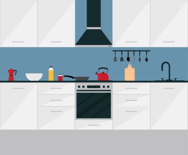 Mobilyalı iç mutfak. Düz stil vektör çizimi. 10 saniye.