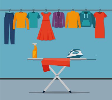 Ironing room interior with clothes and iron. Eps 10
