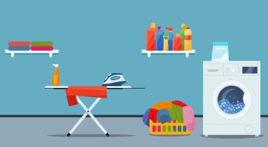 Laundry room interior with washing machine, ironer, iron, clothes and cleaning products. EPS 10