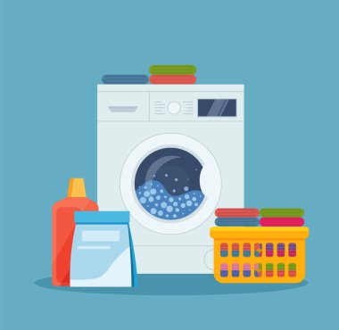 Washing machine, laundry basket and cleaning products. vector illustration in flat style. Eps 10
