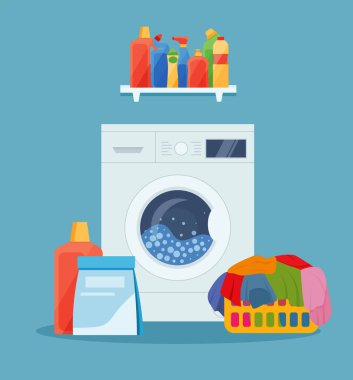 Washing machine, laundry basket and cleaning products. vector illustration in flat style. Eps 10