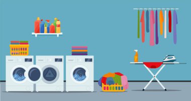 Laundry room interior with washing machine, ironer, iron, clothes and cleaning products.