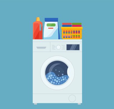 Washing machine, laundry basket and cleaning products. vector illustration in flat style. Eps 10