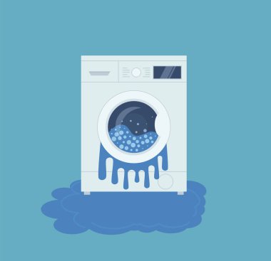 Washing machine from which water flows. Vector illustration in a flat style. EPS 10