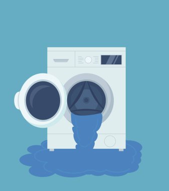 Washing machine from which water flows. Vector illustration in a flat style. EPS 10